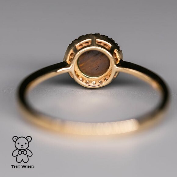 Minimalist Round Shaped Australian Doublet Opal & Diamond Ring 14K Yellow Gold - Picture 5 of 5